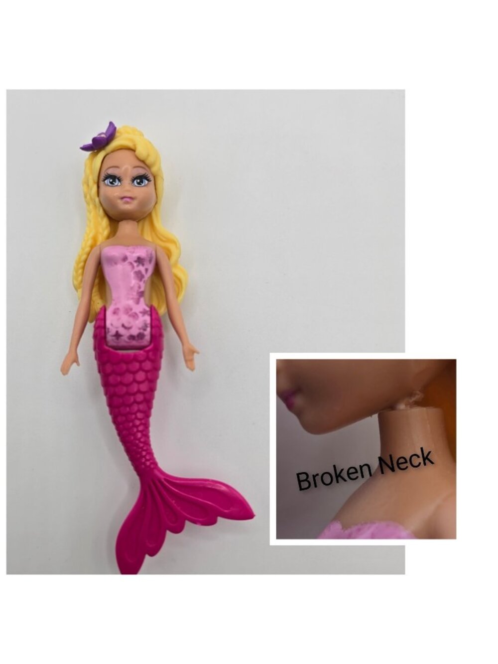 Barbie Fairytopia Mermaidia Blonde Hair Pink Tail Mini 4” Mermaid *BROKEN NECK*